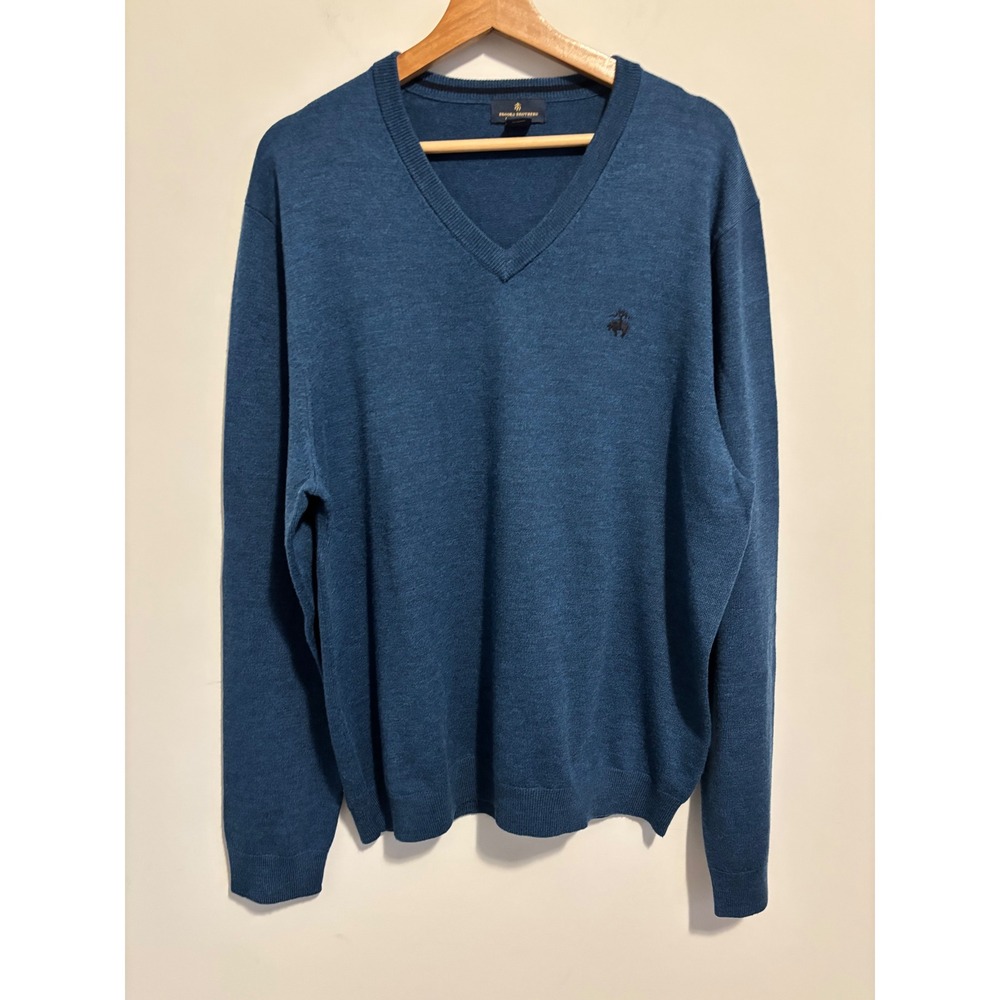 Brooks Brothers Extra Fine Merino Wool V-Neck Sweater Blue Mens XL Logo Knit